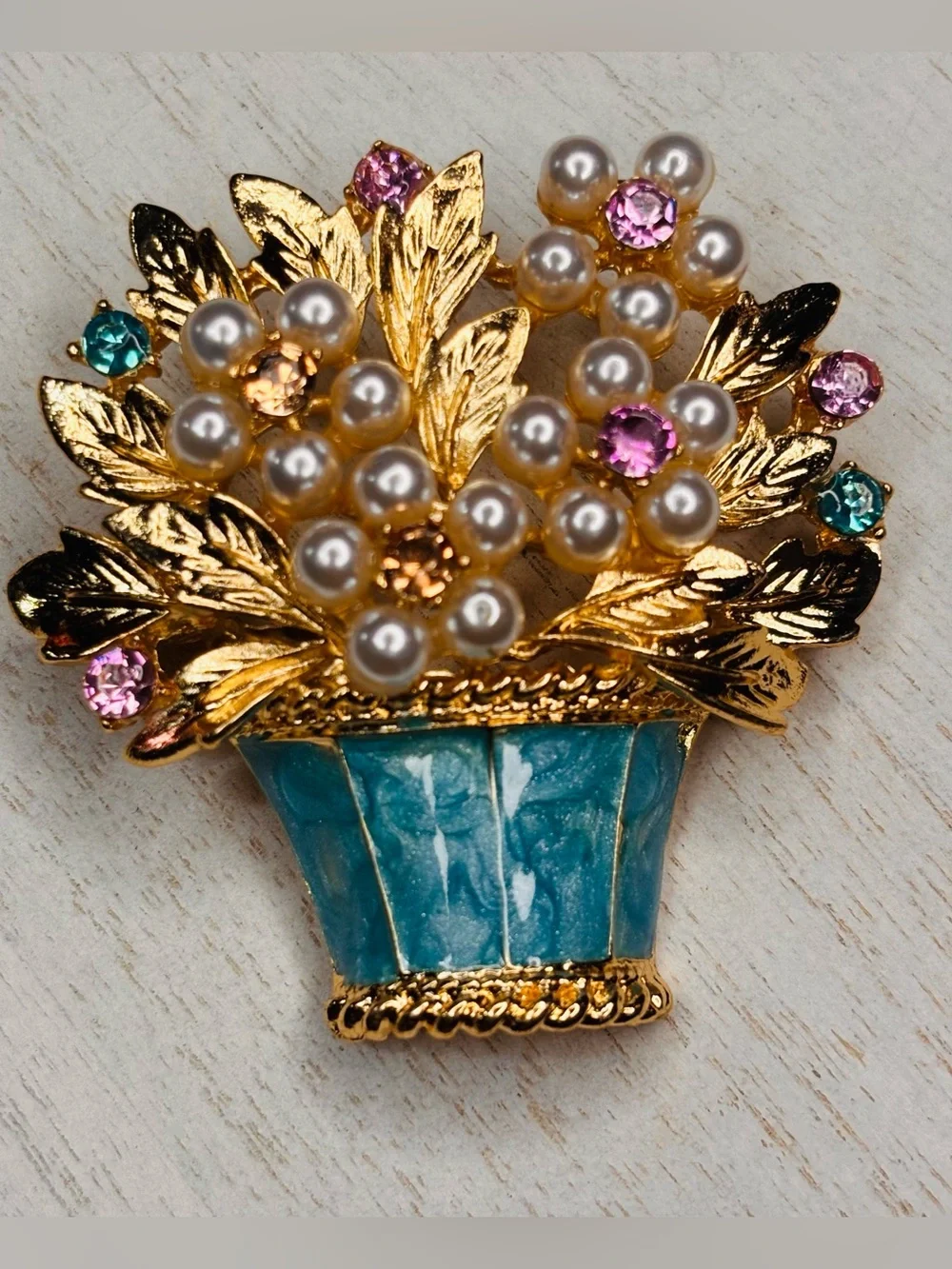 Gold Tone Floral Basket Brooch Pin – Faux Pearl, Pink & Aqua Rhinestone Bouquet